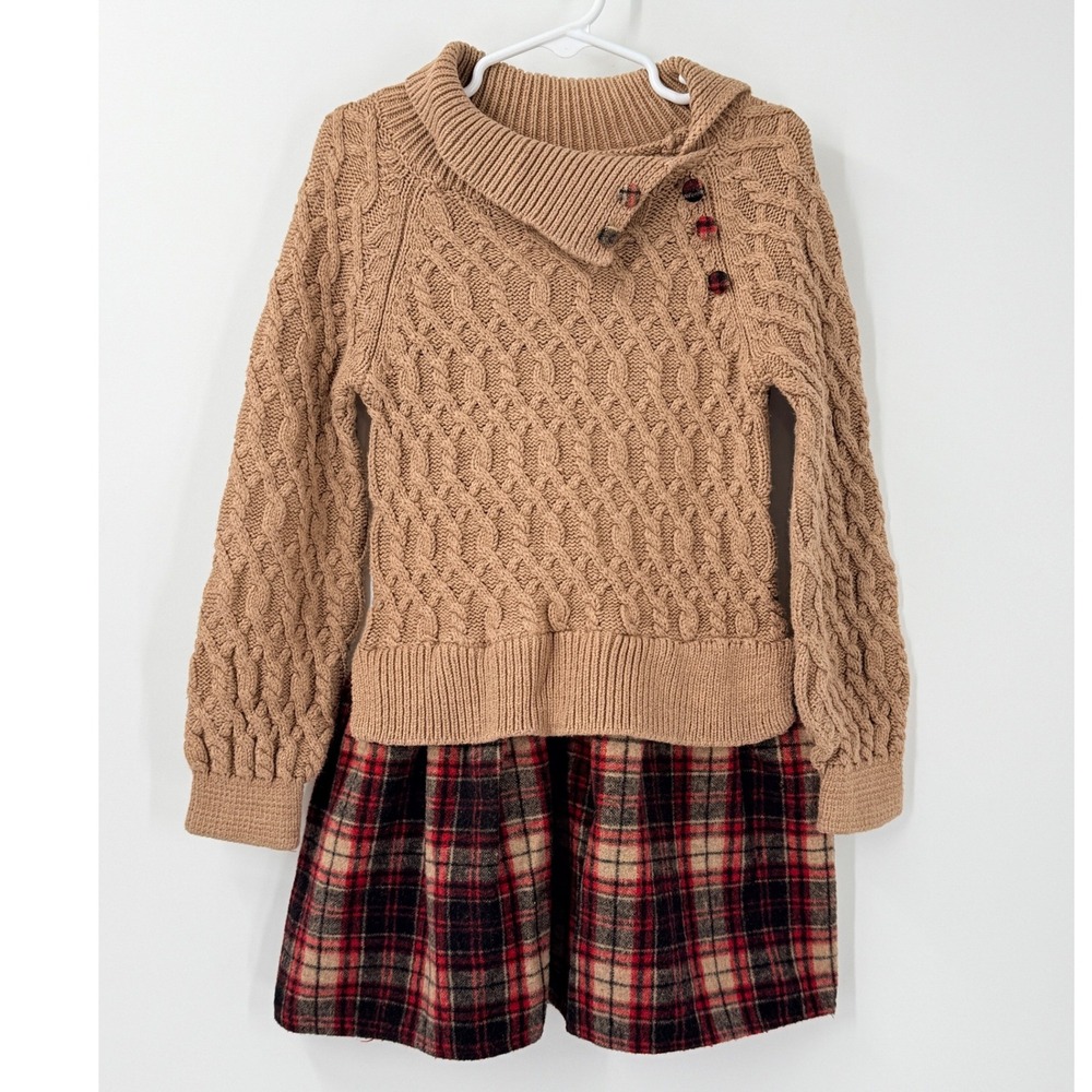Tommy Bahama Sweater Dress Girls Size 5/6 Holiday Christmas Tan Plaid Cable Knit